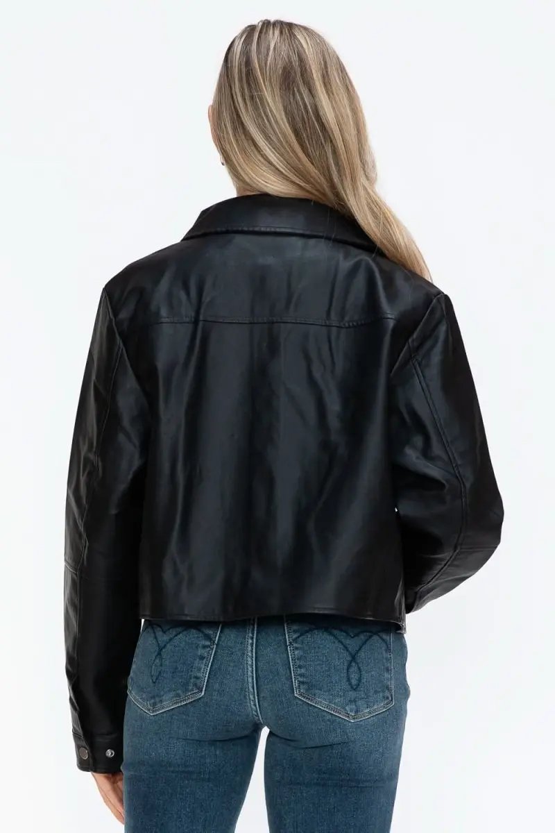 Snobbish Snap Down Long Sleeve PU Leather Jacket - Love Salve